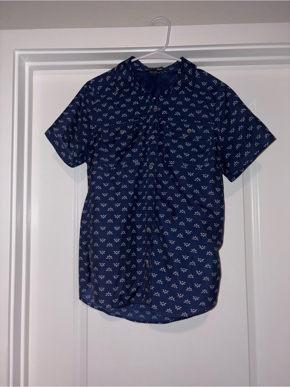 Eddie Bauer Navy Short-Sleeve Button-Down with White sun Pattern